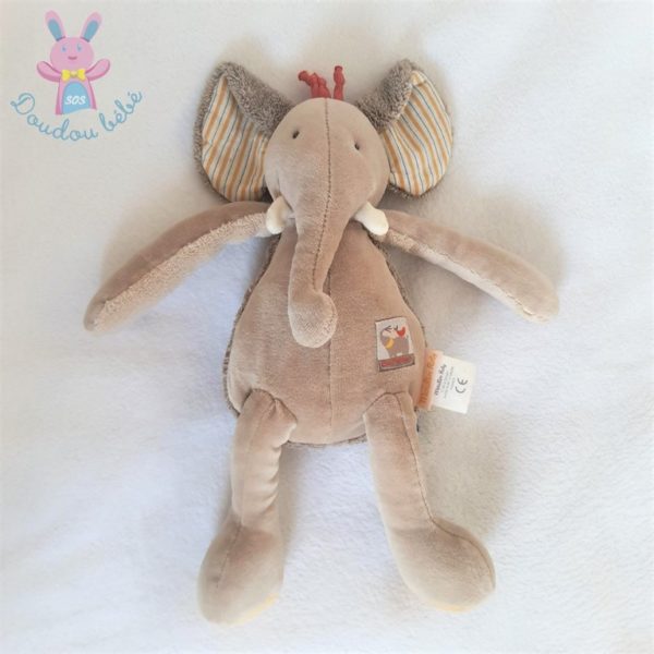 Doudou éléphant Les Papoum beige crème rayé jaune 30 cm MOULIN ROTY