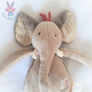 Doudou éléphant Les Papoum beige crème rayé jaune MOULIN ROTY