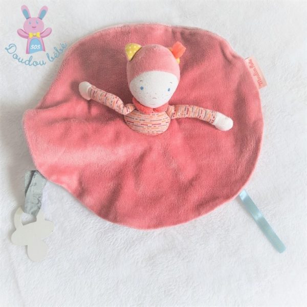 Doudou plat Poupée collection Mademoiselle et Rimbambelle Velours rose et tissu  Attache tétine à scratch