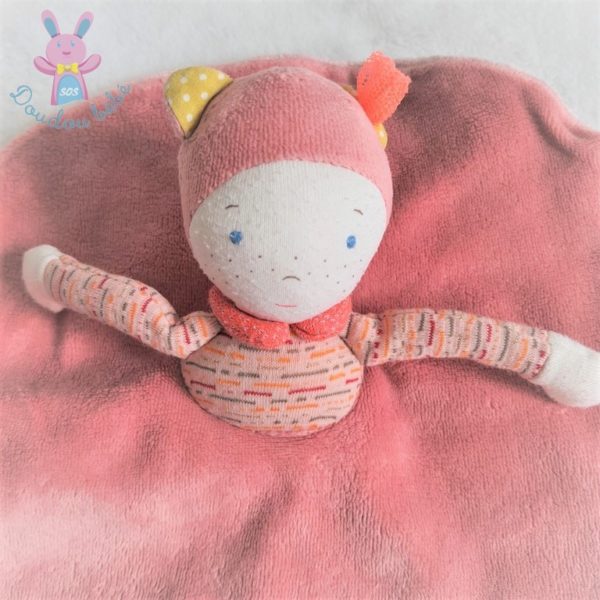 Doudou plat Poupée collection Mademoiselle et Rimbambelle Velours rose et tissu  Attache tétine à scratch