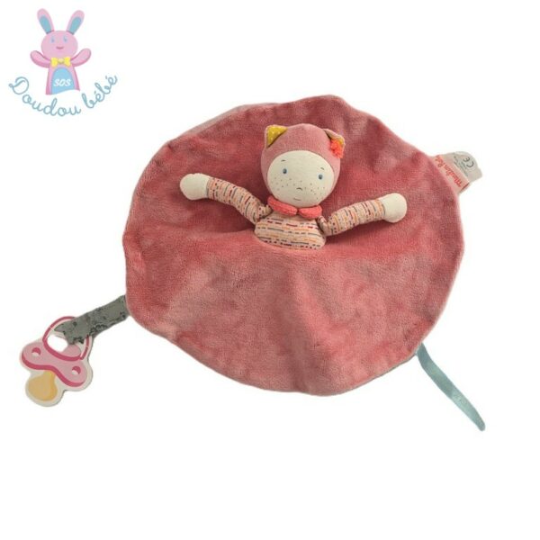 Doudou plat Poupée collection Mademoiselle et Rimbambelle Velours rose et tissu  Attache tétine à scratch