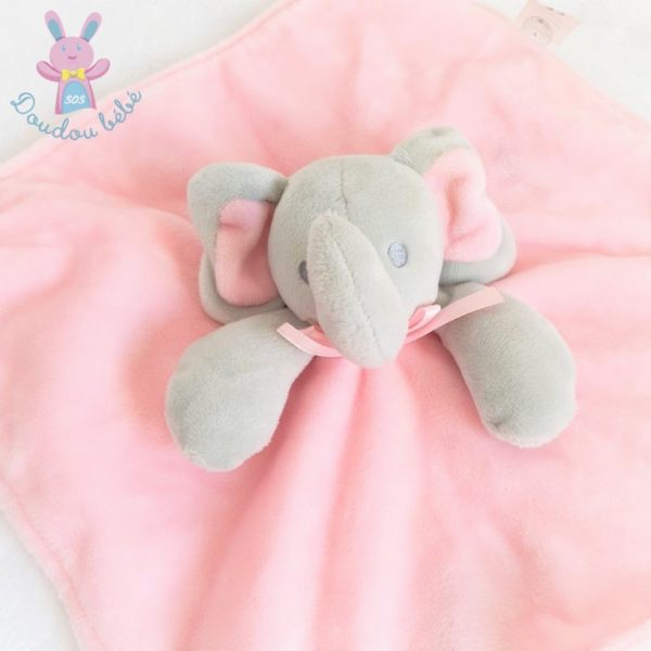 Doudou plat éléphant tout doux gris rose nœud satiné SNUGGLE BABY