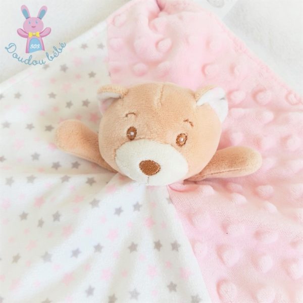 Doudou plat Ours rose blanc beige étoiles SHELDON INTERNATIONAL