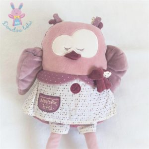 Doudou Chouette Mam’zelle Bou rose violet blanc pois 42 cm SAUTHON