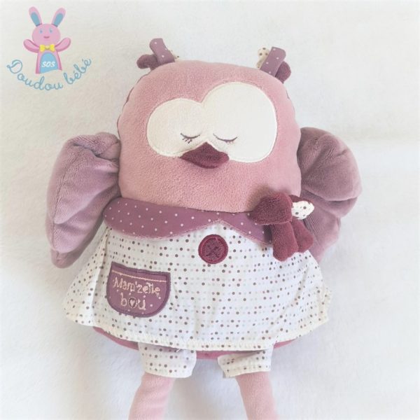 Doudou Chouette Mam'zelle Bou rose violet blanc pois 42 cm SAUTHON