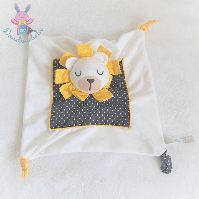 Doudou plat Lion blanc gris losanges jaune SAUTHON