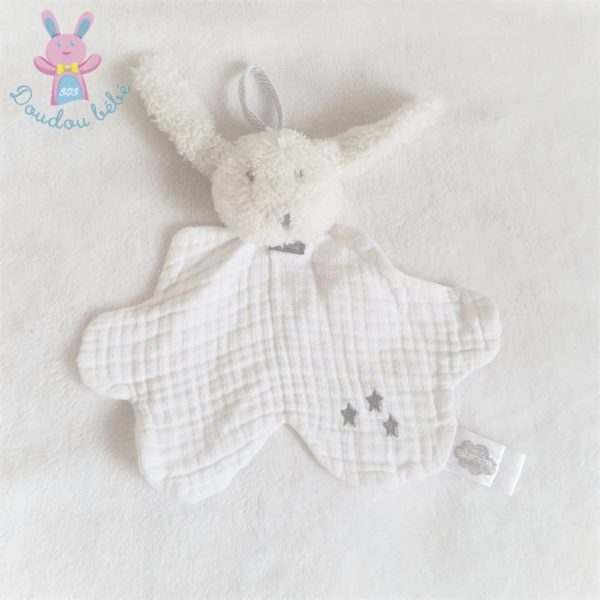 Doudou plat Lapin blanc gris étoiles ABSORBA