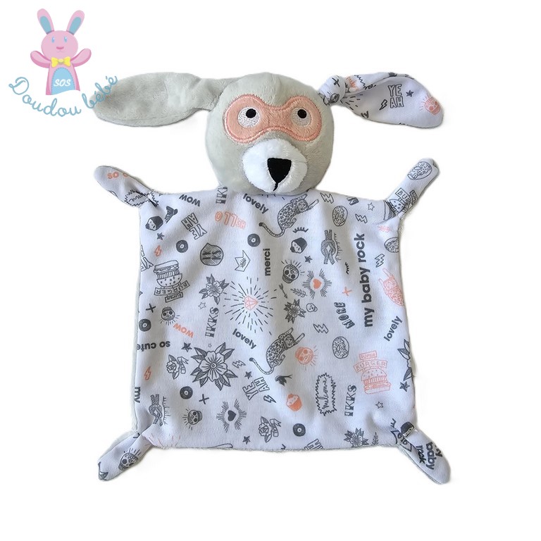 Doudou plat Lapin masqué gris blanc rose so cute IKKS BERDOUES