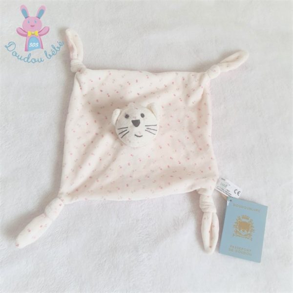 Doudou plat Chat blanc rose fleurs BOUT'CHOU MONOPRIX