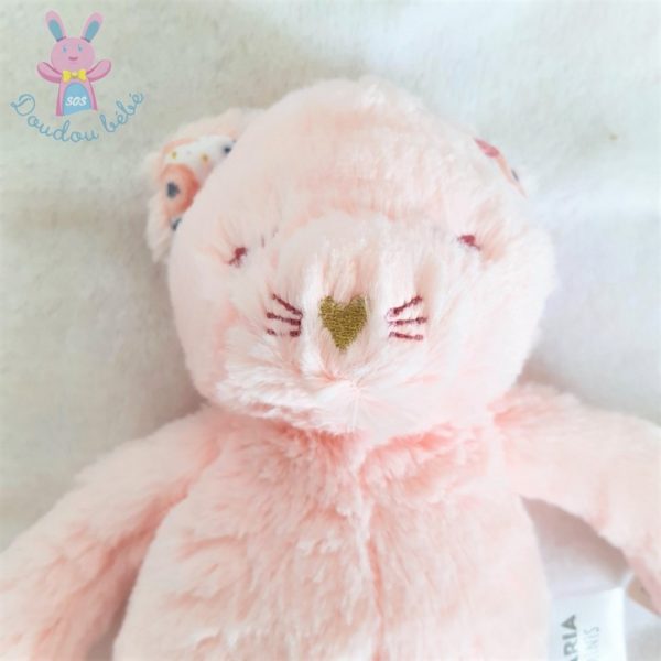 Doudou Chat fourrure rose fleurs nez doré OSTARIA LES MINIS