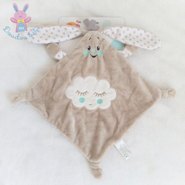 Doudou plat Lapin beige et blanc étoiles nuage AUCHAN