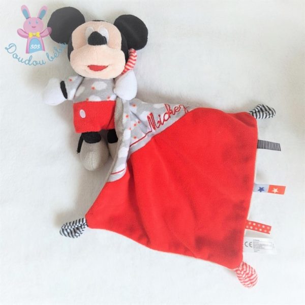 Doudou Mickey gris noir rouge nuages mouchoir DISNEY