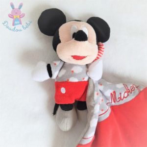 Doudou Mickey gris noir rouge nuages mouchoir DISNEY