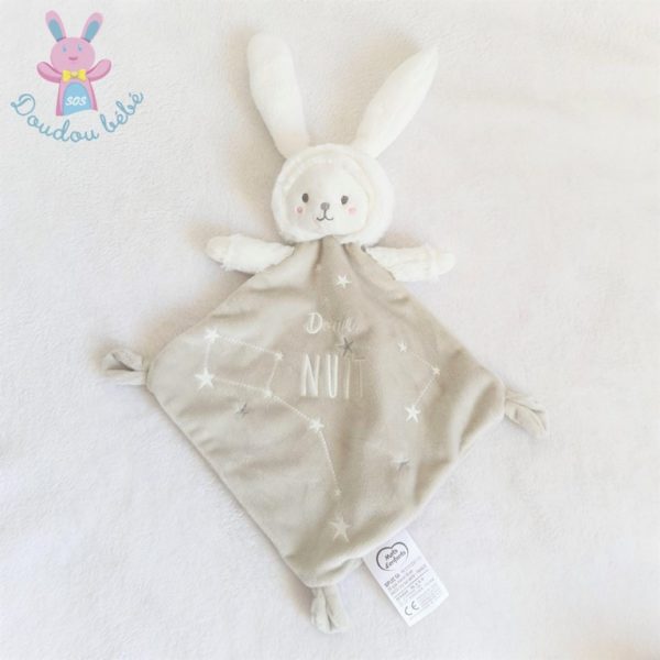 Doudou plat Lapin Ours gris douce nuit étoiles MOTS D'ENFANTS