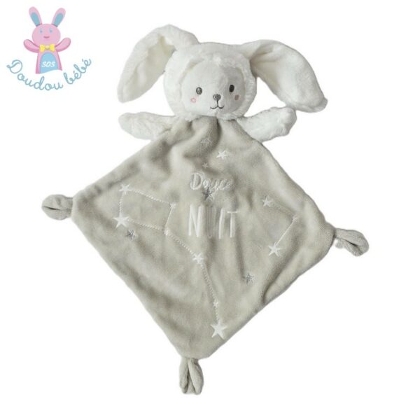 Doudou plat Lapin Ours gris douce nuit étoiles MOTS D'ENFANTS