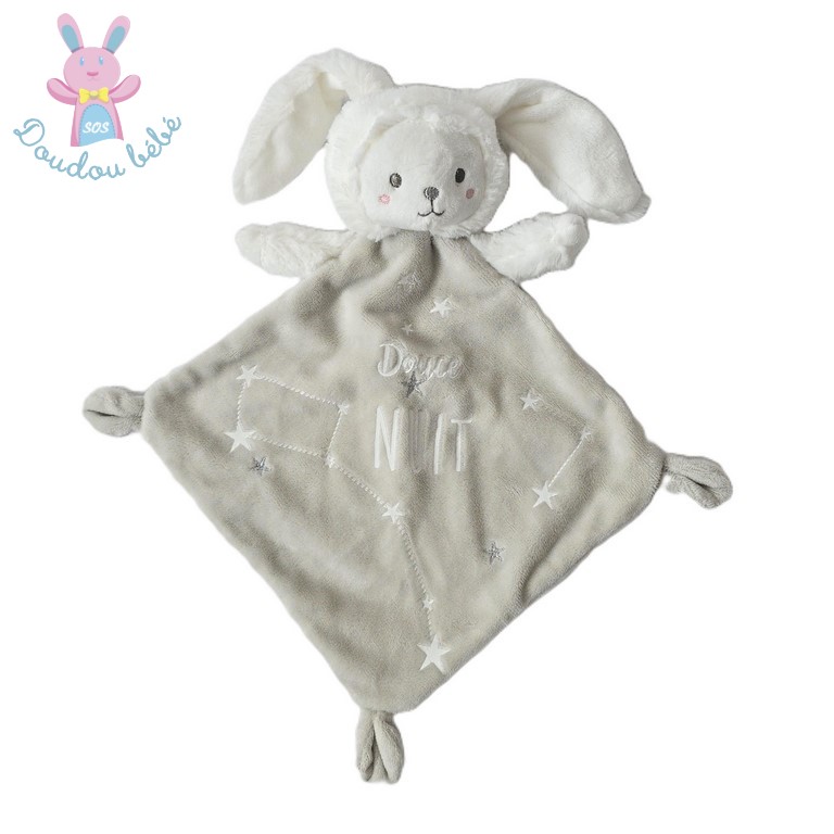Doudou plat Lapin Ours gris douce nuit etoiles MOTS D ENFANTS