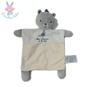 Doudou plat Ours gris rayé jaune Mes vacances à la mer MOTS D’ENFANTS