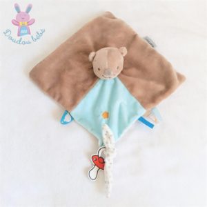 Doudou plat Ours Basile et Mia beige bleu attache tétine NATTOU