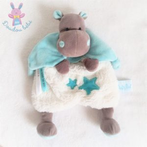 Doudou plat Hippopotame Bazile bleu blanc marron étoiles BABY NAT