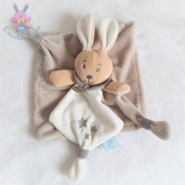 Doudou plat Lapin Perlim beige blanc gris étoiles BABY NAT