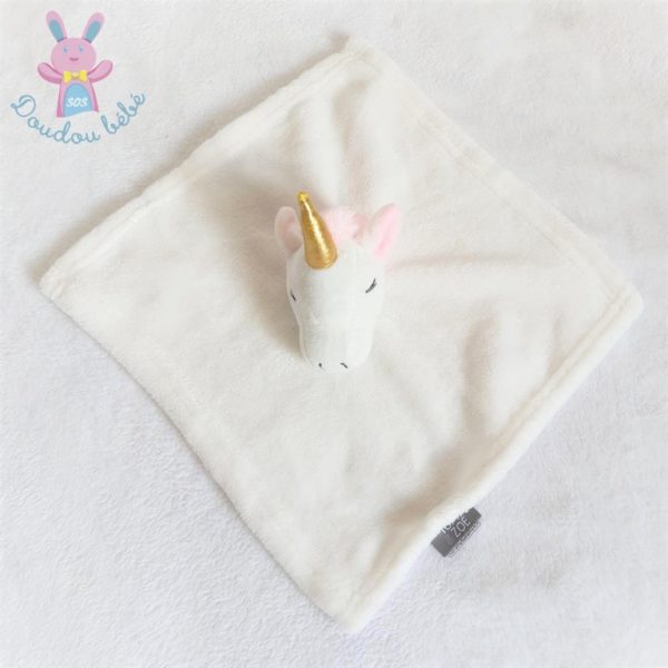 Doudou plat Licorne polaire blanc rose corne dorée or Tom & Zoé