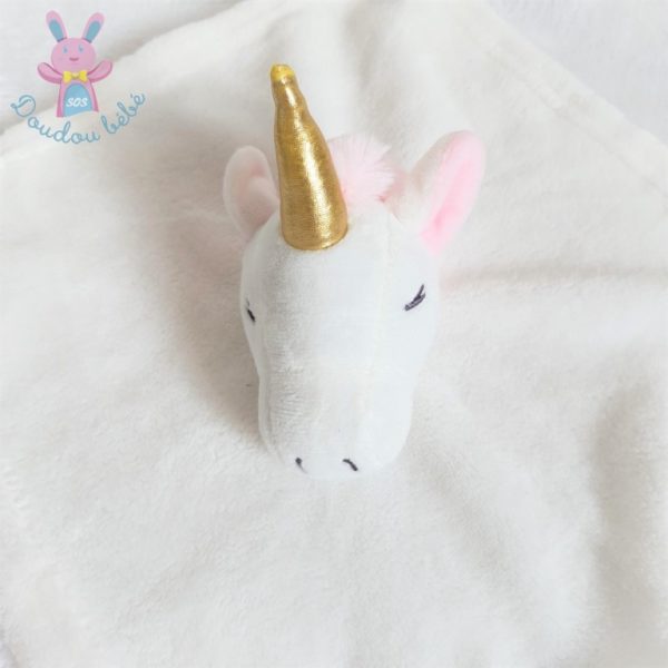 Doudou plat Licorne polaire blanc rose corne dorée or Tom & Zoé