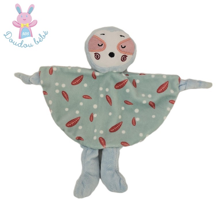 Doudou plat Paresseux Raton Laveur bleu vert feuilles TOM & KIDDY