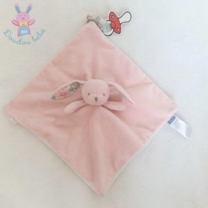 Doudou plat Lapin rose blanc fleurs attache tétine JACADI