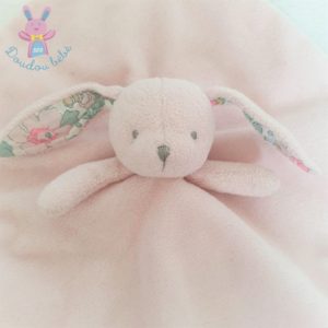 Doudou plat Lapin rose blanc fleurs attache tétine JACADI