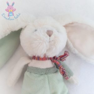 Doudou Lapin vert blanc beige et rayé rouge BUKOWSKI