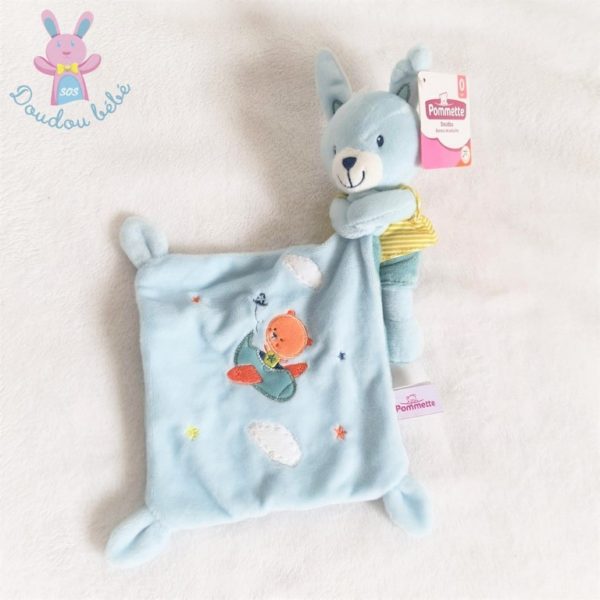 Doudou Lapin bleu mouchoir avion ours nuages étoiles POMMETTE