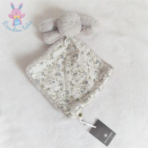 Doudou plat Lapin gris blanc fleurs roses bleu BOUCHARA