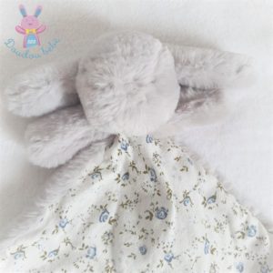 Doudou plat Lapin gris blanc fleurs roses bleu BOUCHARA