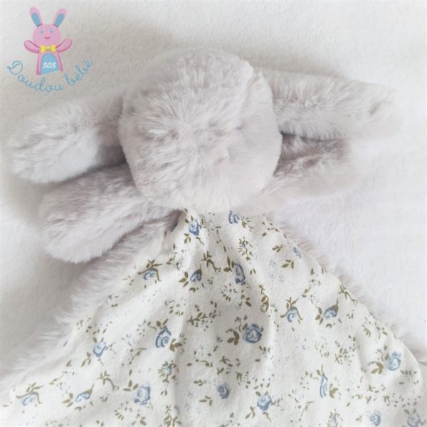 Doudou plat Lapin gris blanc fleurs roses bleues BOUCHARA