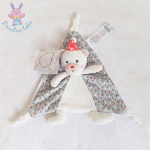 Doudou plat Ours blanc vert rouge bonhommes de neige TOM & KIDDY