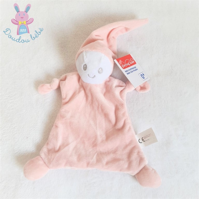 Doudou plat Lutin rose blanc tout doux bonnet PLAYING KIDS