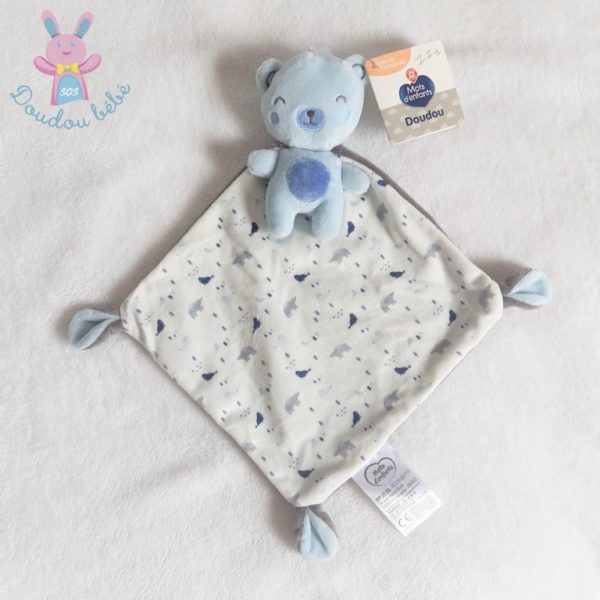 Doudou Ours bleu cape gris blanc animaux MOTS D'ENFANTS