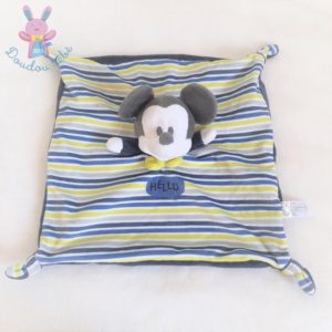 Doudou plat Mickey rayé bleu marine blanc jaune « Hello » DISNEY