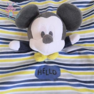 Doudou plat Mickey rayé bleu marine blanc jaune « Hello » DISNEY