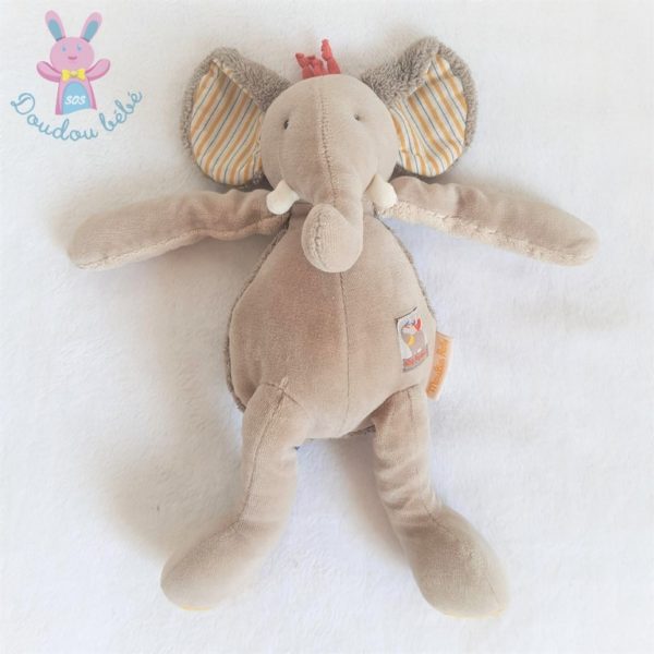 Doudou éléphant Les Papoum beige jaune rayé 30 cm MOULIN ROTY