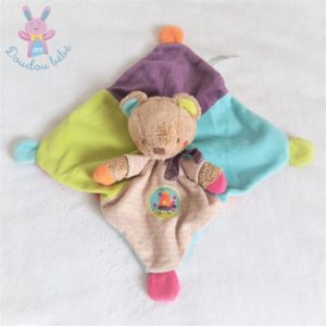 Doudou plat Ours multicolore bleu vert violet oiseau SIMBA NICOTOY