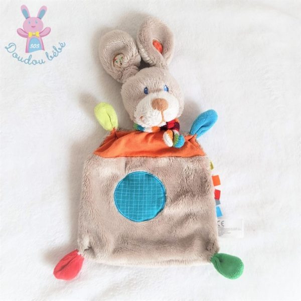 Doudou plat Lapin beige orange vert rond bleu NICOTOY