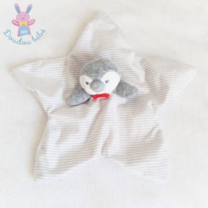 Doudou plat Pingouin rayé gris blanc nœud rouge OBAIBI