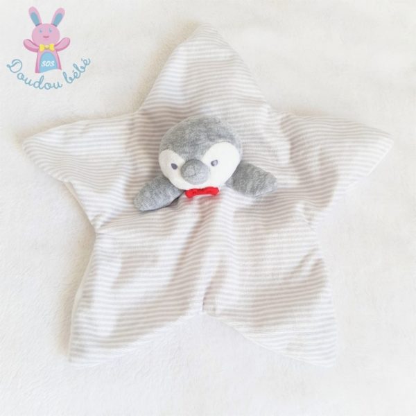 Doudou Pingouin plat rayé gris OBAIBI