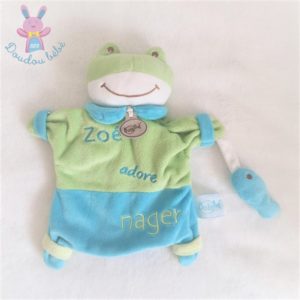 Doudou Grenouille marionnette “Zoé adore nager” vert bleu BABY NAT