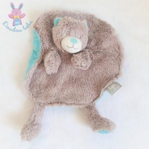 Doudou plat Ours rond marionnette beige crème bleu Tom & Zoé