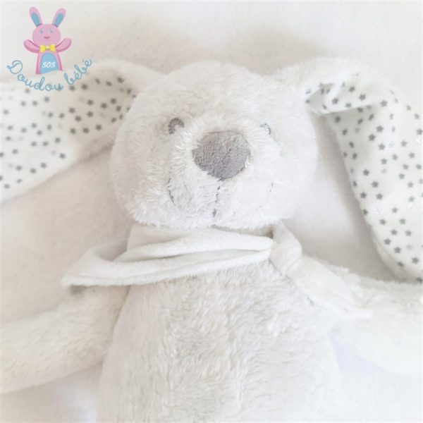 Doudou Lapin blanc gris bandana oreilles étoiles argent VERTBAUDET