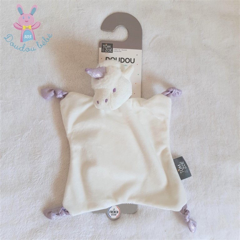 Doudou plat Licorne blanc et mauve parme brillant Tom & Zoé