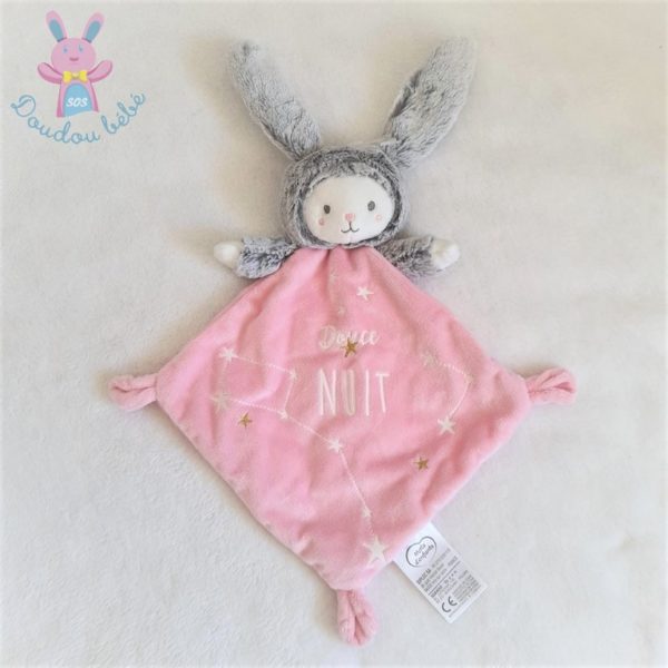 Doudou plat Lapin Ours rose douce nuit étoiles MOTS D'ENFANTS