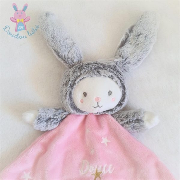 Doudou plat Lapin Ours rose douce nuit étoiles MOTS D'ENFANTS